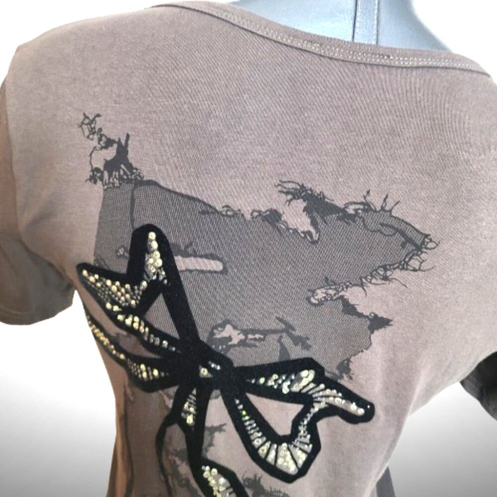 Moschino Jeans Gray Graphic Tee w/ Sequin Dragonfly | Size 42 (US 8) - Picture 11 of 15